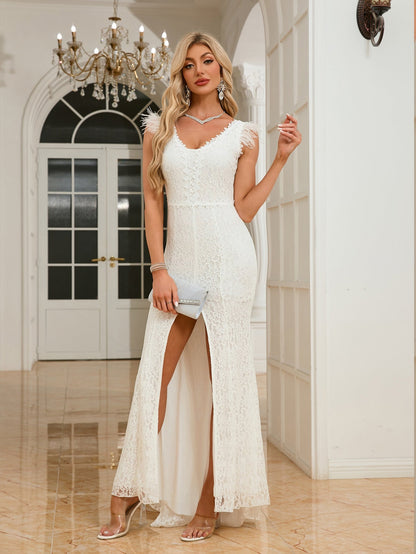 Sheath Lace Maxi Dress with Feather Trim and High Slit