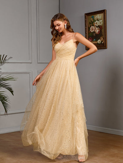 A-Line Maxi Dress with Sequined Mesh and V-Neck