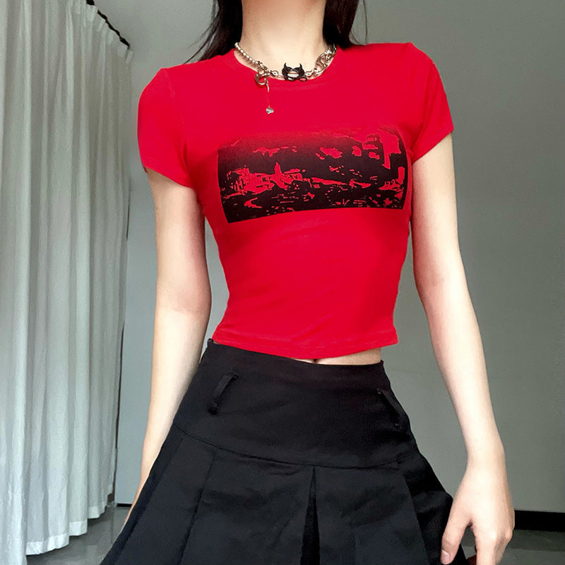 Landscape Graphic Slim Fit Baby Tee with Crewneck