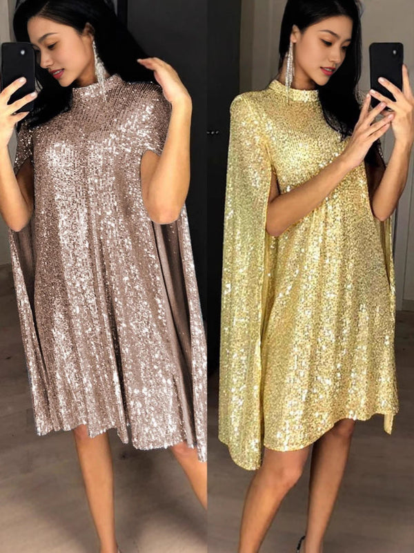 A-Line Sequin Dress with Stand Collar and Cape Sleeves