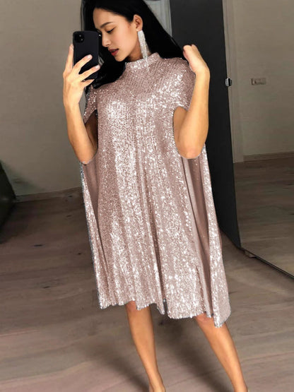 A-Line Sequin Dress with Stand Collar and Cape Sleeves