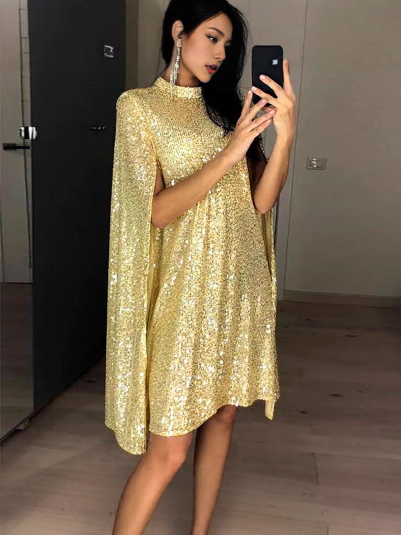A-Line Sequin Dress with Stand Collar and Cape Sleeves