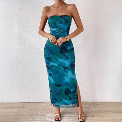 Floral Print Strapless Bodycon Maxi Dress with Side Slit