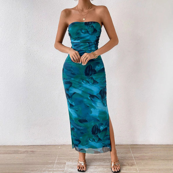 Floral Print Strapless Bodycon Maxi Dress with Side Slit