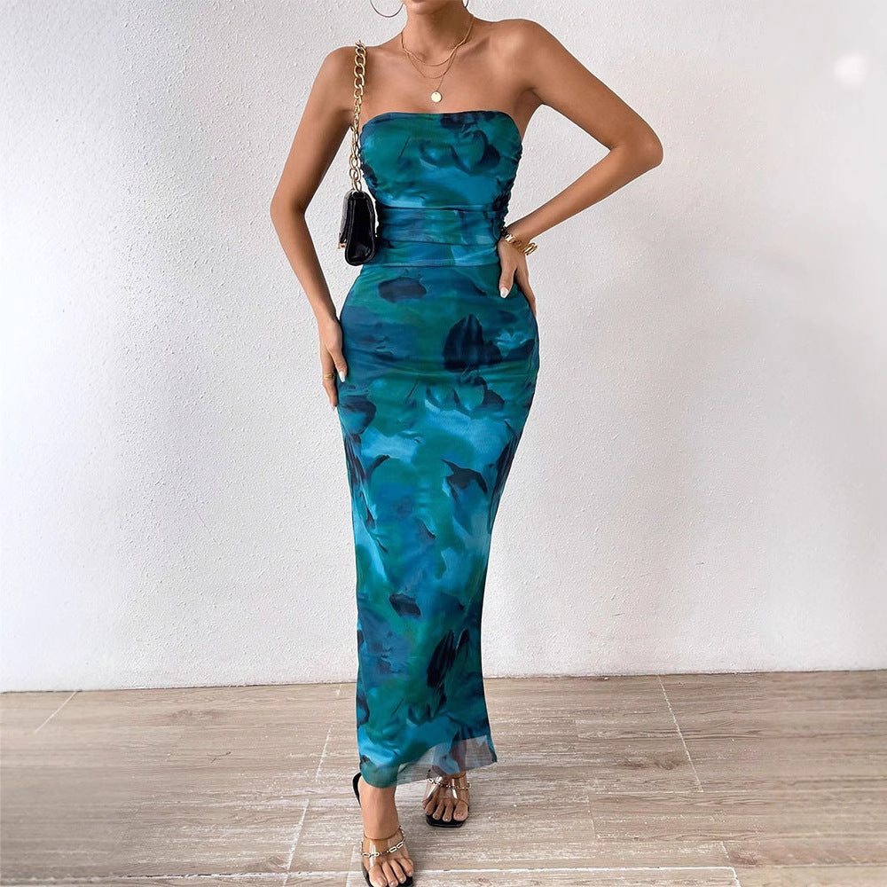 Floral Print Strapless Bodycon Maxi Dress with Side Slit