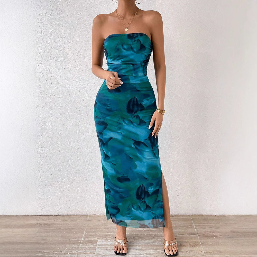 Floral Print Strapless Bodycon Maxi Dress with Side Slit