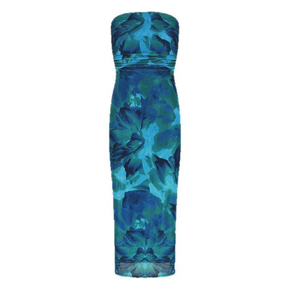 Floral Print Strapless Bodycon Maxi Dress with Side Slit
