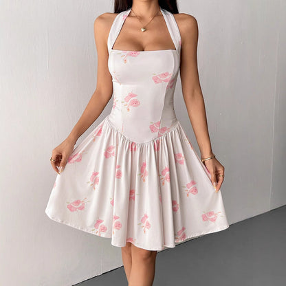 Floral Print Halter Dress with Basque Waist and Pleated Skirt