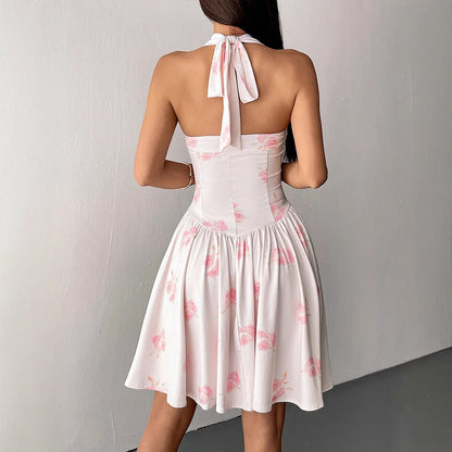 Floral Print Halter Dress with Basque Waist and Pleated Skirt