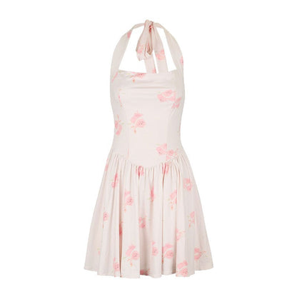 Floral Print Halter Dress with Basque Waist and Pleated Skirt