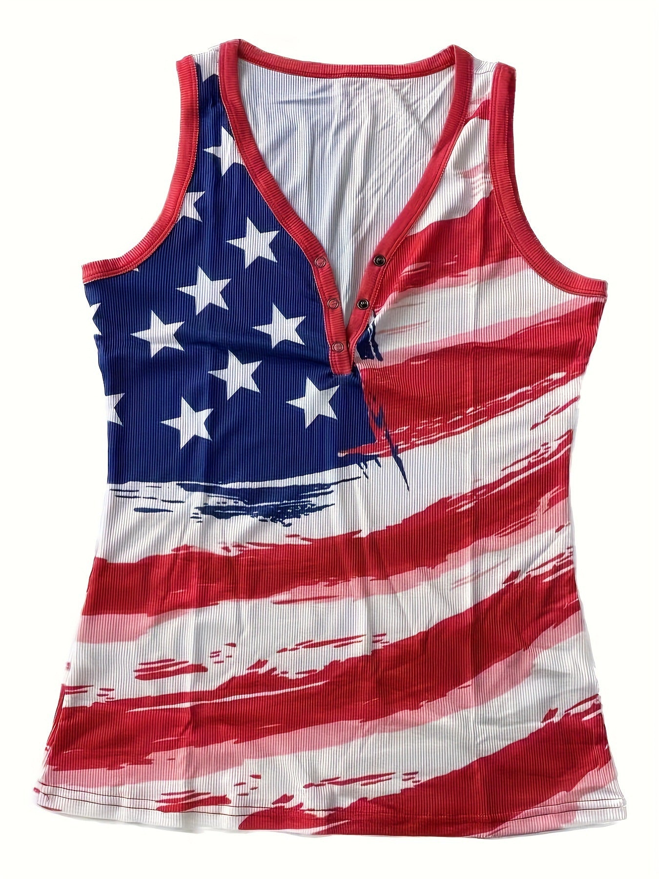 American Flag Print Henley Tank Top with Ribbed Texture