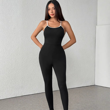 Bodycon Fitness Jumpsuit with Contrast Spaghetti Straps