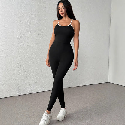 Bodycon Fitness Jumpsuit with Contrast Spaghetti Straps