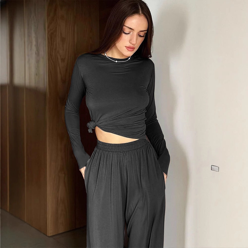 Solid Color Two-Piece Set with Long Sleeves and Wide-Leg Pants