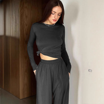 Solid Color Two-Piece Set with Long Sleeves and Wide-Leg Pants
