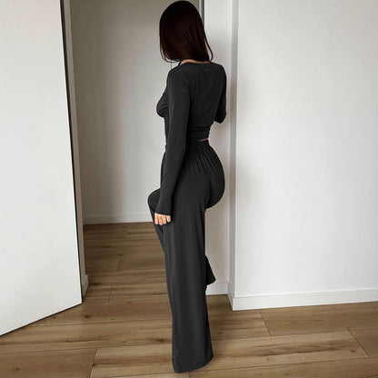 Solid Color Two-Piece Set with Long Sleeves and Wide-Leg Pants