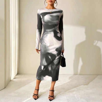 Bodycon Maxi Dress with Abstract Ink Print and Long Sleeves
