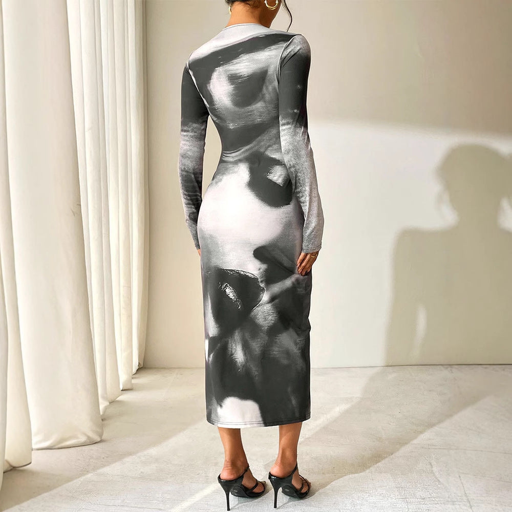Bodycon Maxi Dress with Abstract Ink Print and Long Sleeves