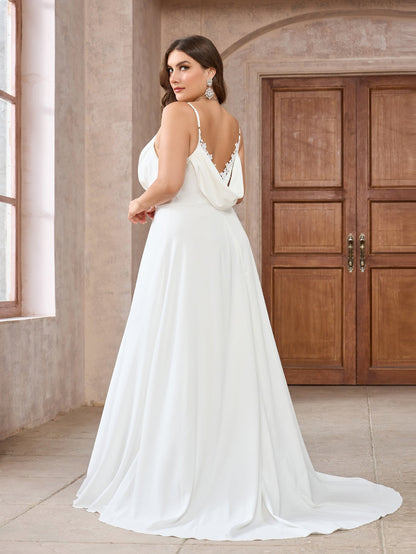 A-Line Satin Wedding Dress with Lace Trim and Cowl Back