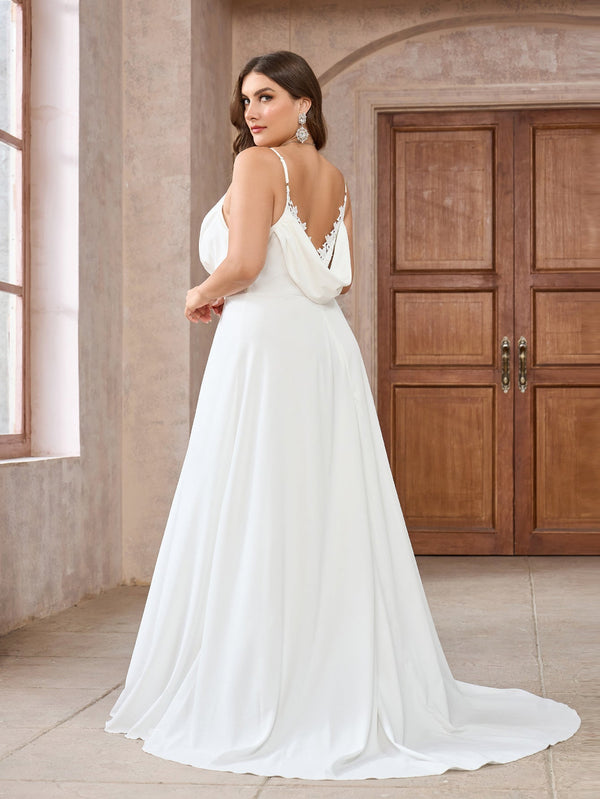 A-Line Satin Wedding Dress with Lace Trim and Cowl Back