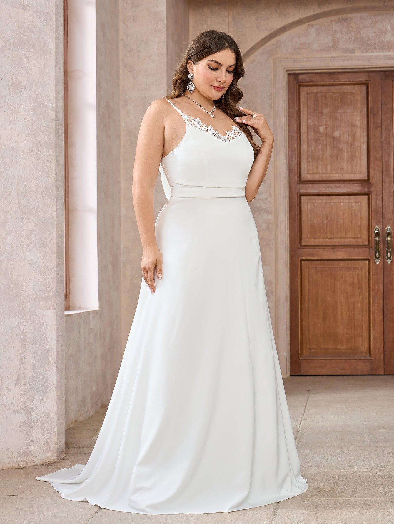 A-Line Satin Wedding Dress with Lace Trim and Cowl Back