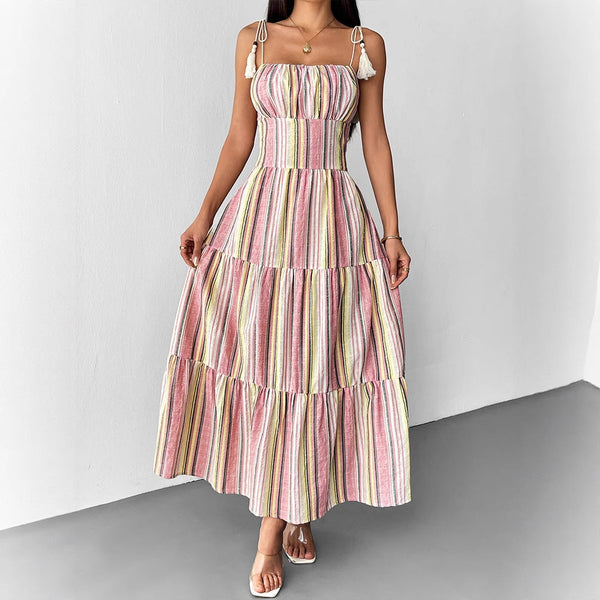 Striped Tiered Maxi Dress with Smocked Waist and Tassel Ties