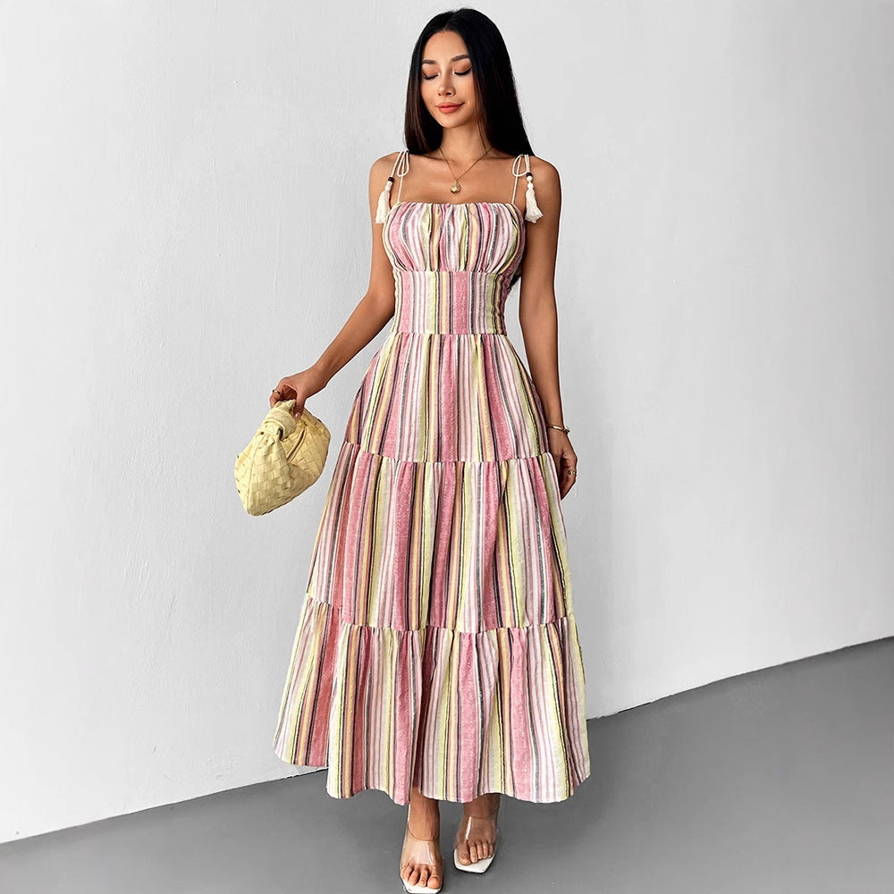 Striped Tiered Maxi Dress with Smocked Waist and Tassel Ties
