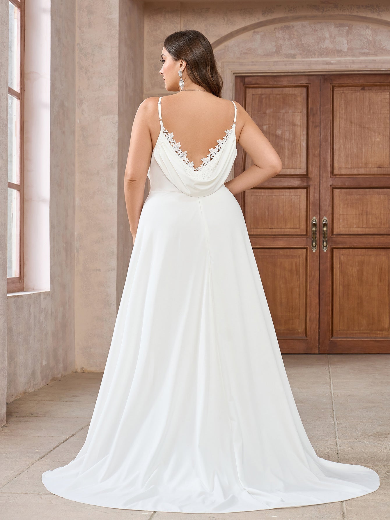 A-Line Satin Wedding Dress with Lace Trim and Cowl Back