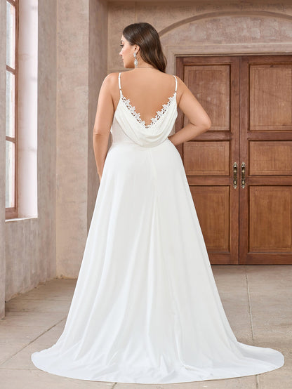 A-Line Satin Wedding Dress with Lace Trim and Cowl Back