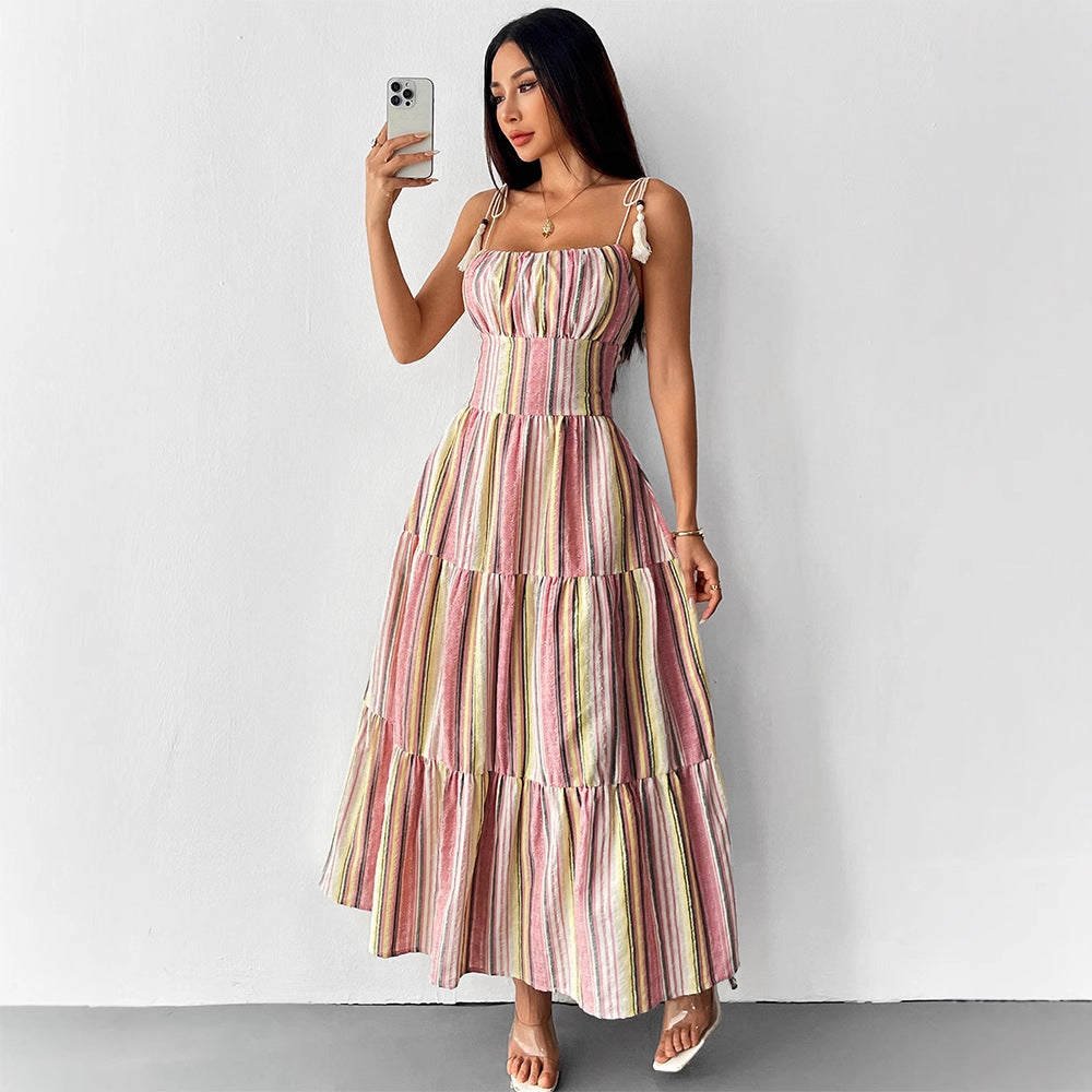 Striped Tiered Maxi Dress with Smocked Waist and Tassel Ties
