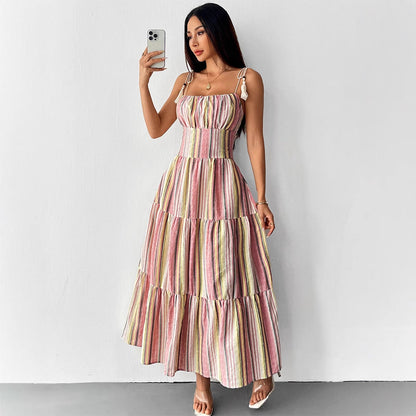 Striped Tiered Maxi Dress with Smocked Waist and Tassel Ties
