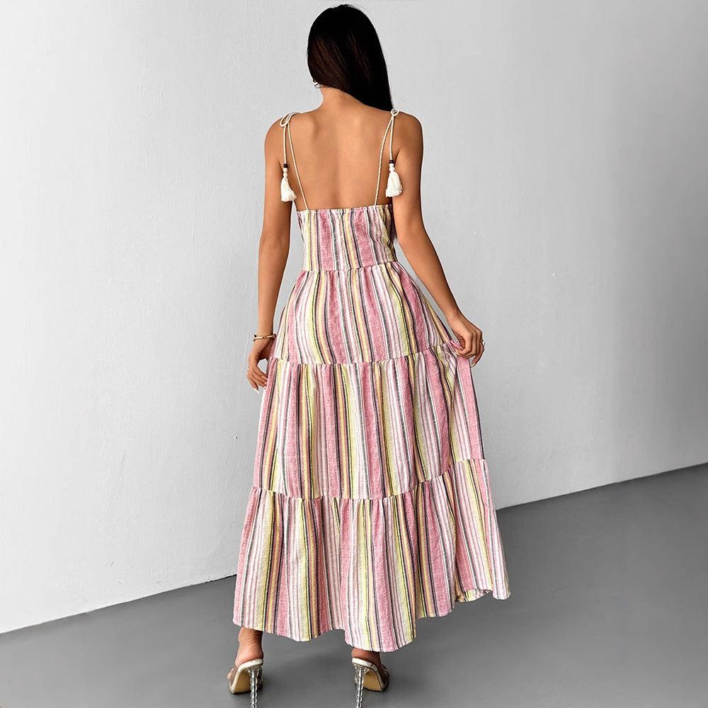 Striped Tiered Maxi Dress with Smocked Waist and Tassel Ties