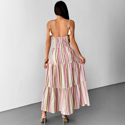 Striped Tiered Maxi Dress with Smocked Waist and Tassel Ties