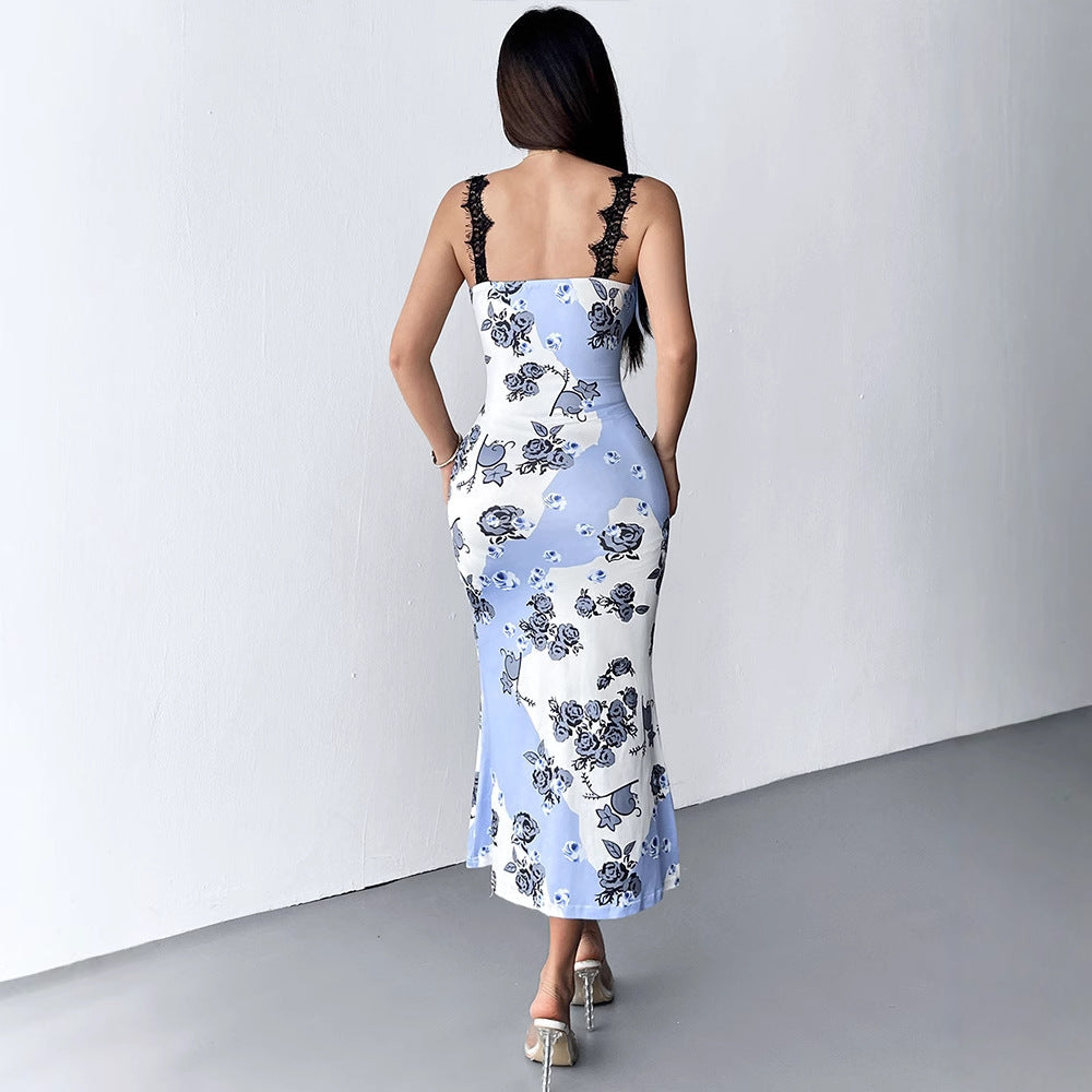 Floral Print Bodycon Midi Dress with Lace Trim and Bow Straps
