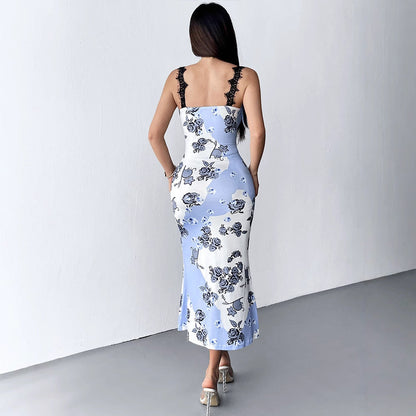 Floral Print Bodycon Midi Dress with Lace Trim and Bow Straps