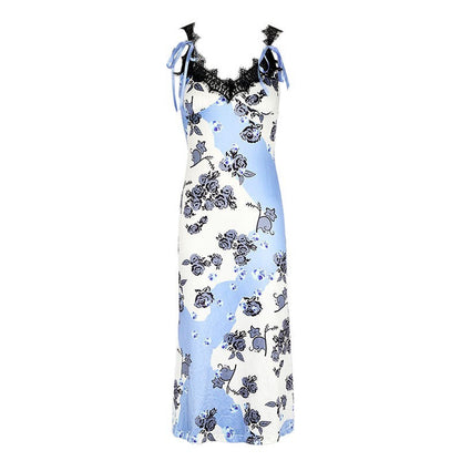 Floral Print Bodycon Midi Dress with Lace Trim and Bow Straps