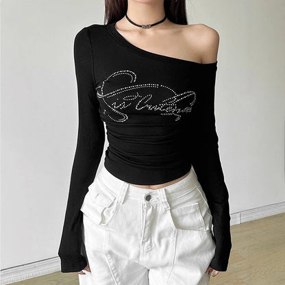 Slim Fit Long Sleeve Slant Collar Top with Rhinestone Lettering