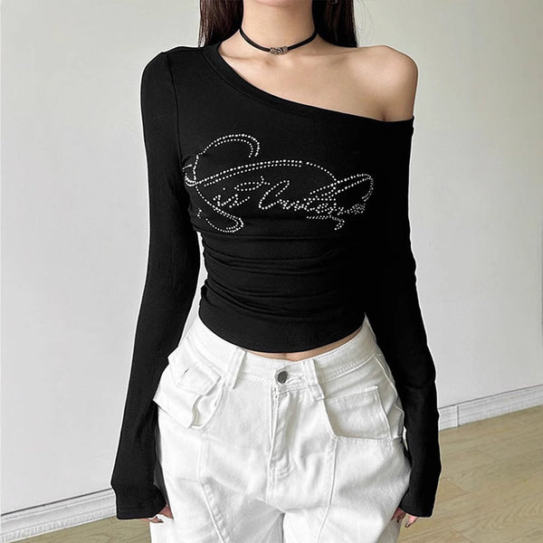 Slim Fit Long Sleeve Slant Collar Top with Rhinestone Lettering