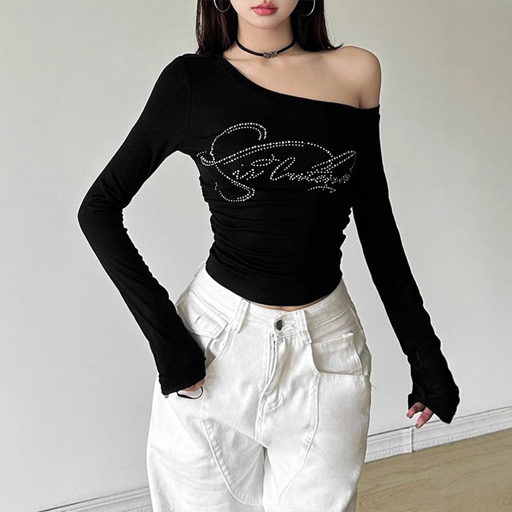 Slim Fit Long Sleeve Slant Collar Top with Rhinestone Lettering