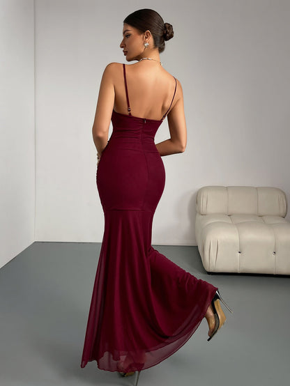Ruched Bodycon Maxi Dress with Floral Applique Neckline