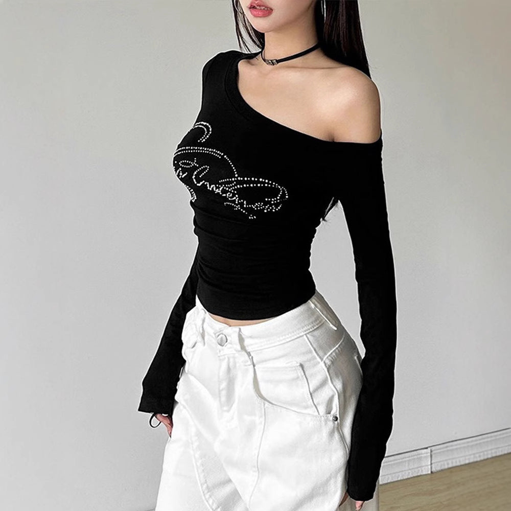 Slim Fit Long Sleeve Slant Collar Top with Rhinestone Lettering