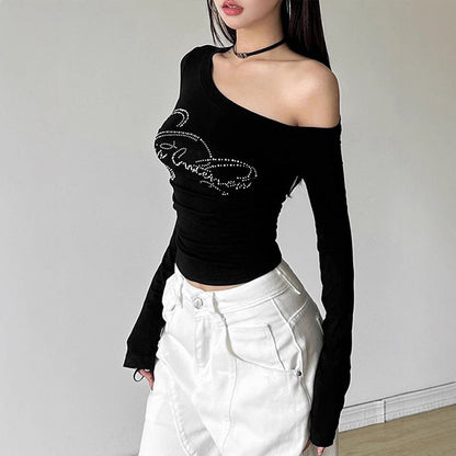 Slim Fit Long Sleeve Slant Collar Top with Rhinestone Lettering