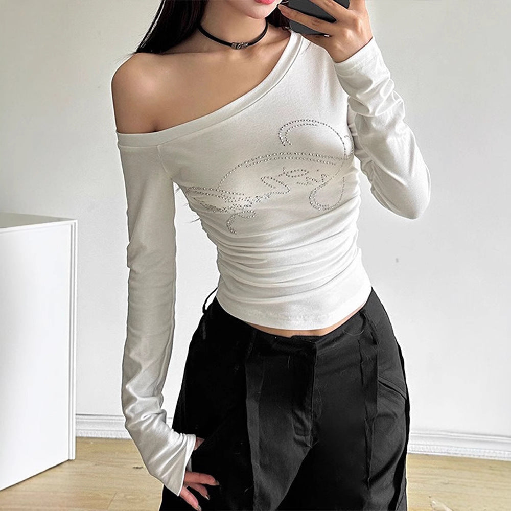 Slim Fit Long Sleeve Slant Collar Top with Rhinestone Lettering