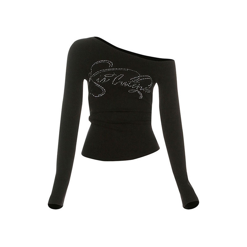 Slim Fit Long Sleeve Slant Collar Top with Rhinestone Lettering