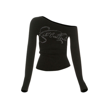 Slim Fit Long Sleeve Slant Collar Top with Rhinestone Lettering