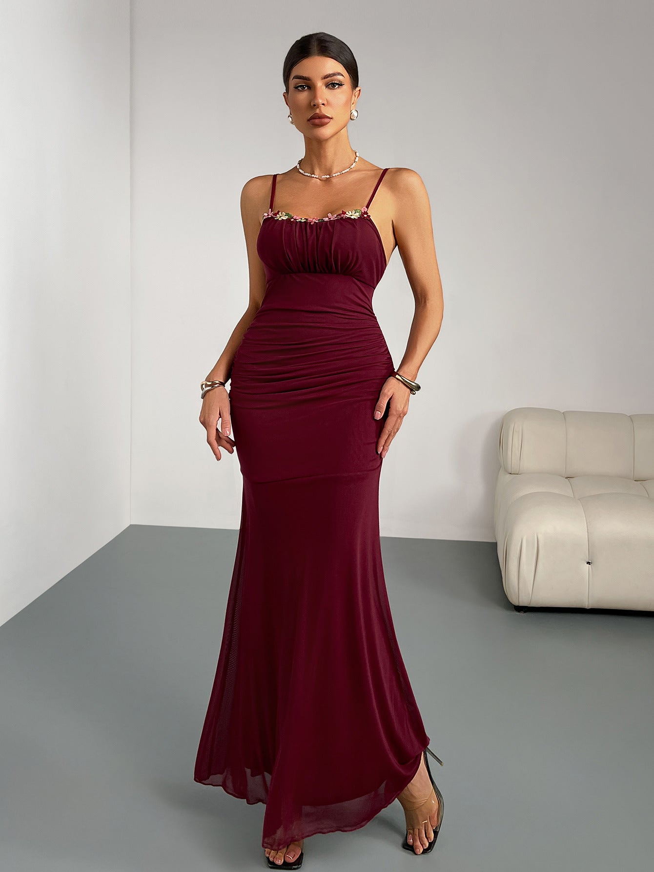 Ruched Bodycon Maxi Dress with Floral Applique Neckline