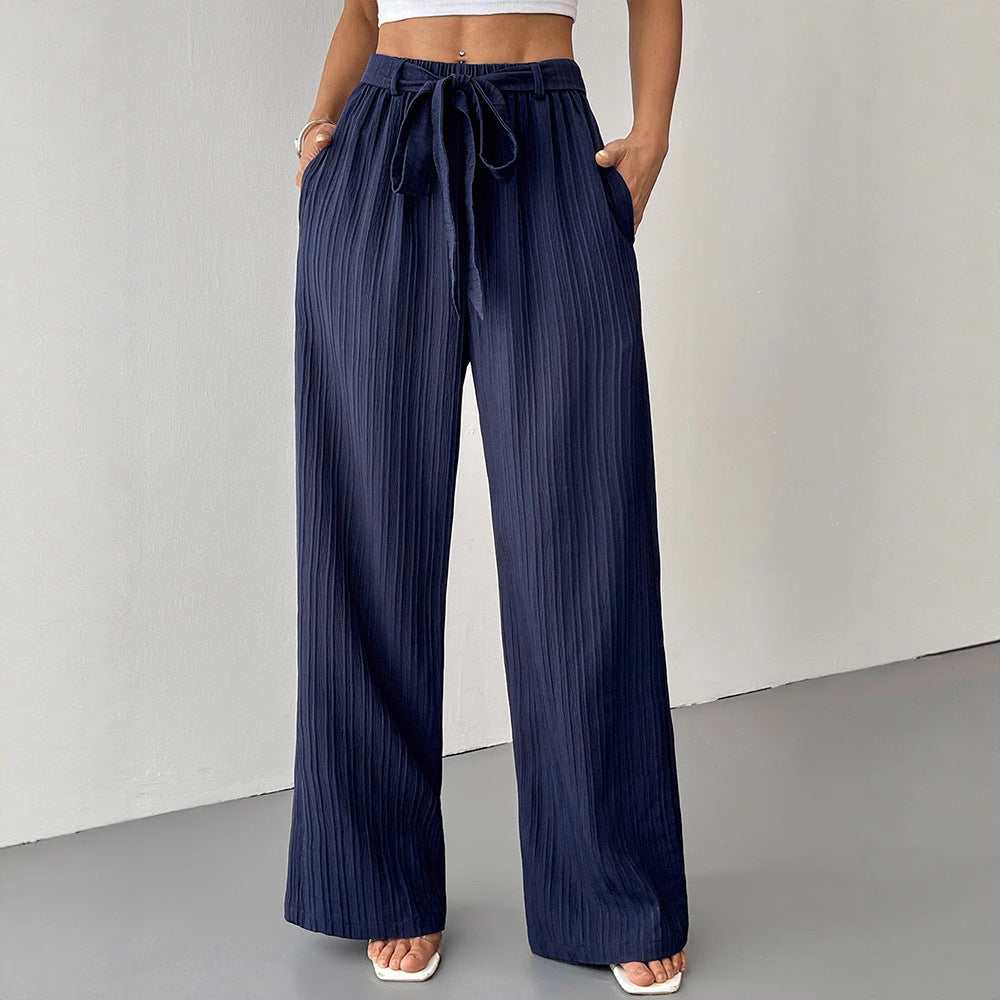 Wide-Leg Textured Trousers with High Waist and Tie Belt