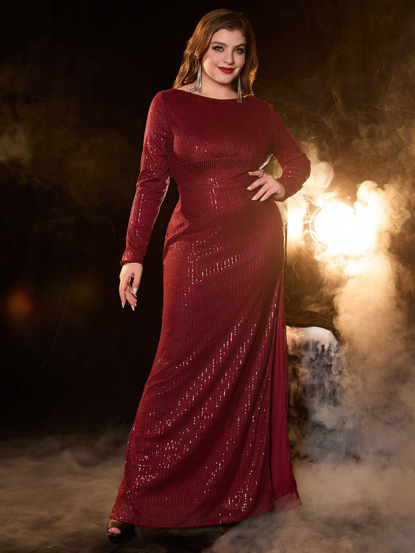 A-Line Sequined Maxi Dress with Long Sleeves and Side Slit