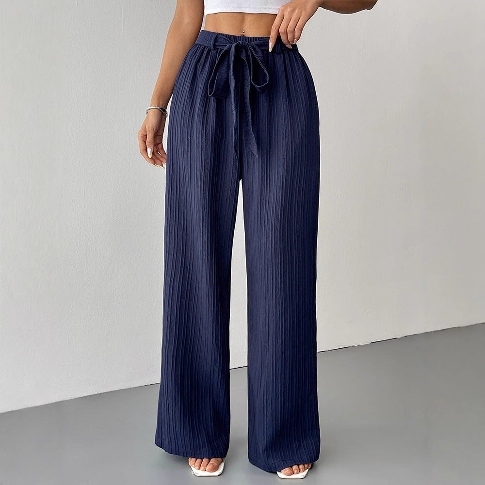 Wide-Leg Textured Trousers with High Waist and Tie Belt