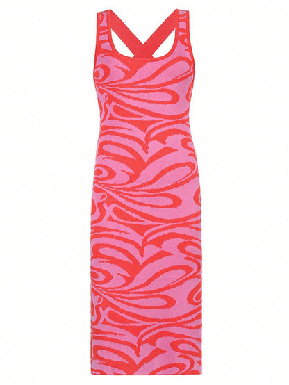 Swirl Print Bodycon Maxi Dress with Backless Detail